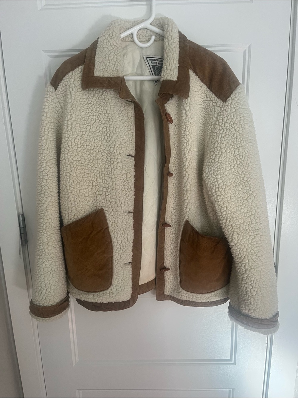 Marvin Richards Cream Quilted Jacket with Brown Trim Accent